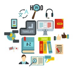 Learning foreign languages icons set in flat style. Language interpreter set collection vector illustration