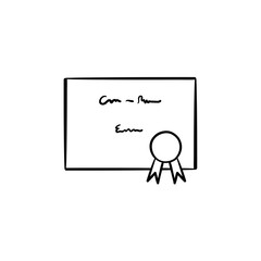 Graduation certificate hand drawn outline doodle icon. Diploma with award rosette vector sketch illustration for print, web, mobile and infographics isolated on white background.