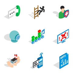 Computer designer icons set. Isometric set of 9 computer designer vector icons for web isolated on white background