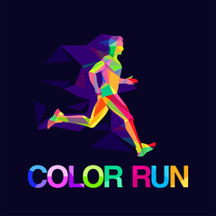 Vector logo symbol runner multicolored abstract shapes colored run dynamics of motion man silhouette.
