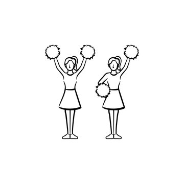 Cheerleader women with pom-pom hand drawn outline doodle icon. Girls cheer leaders vector sketch illustration for print, web, mobile and infographics isolated on white background.