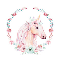Obraz na płótnie Canvas Isolated cute watercolor unicorn clipart with flowers. Nursery unicorns illustration. Princess rainbow poster. Trendy pink cartoon pony horse.