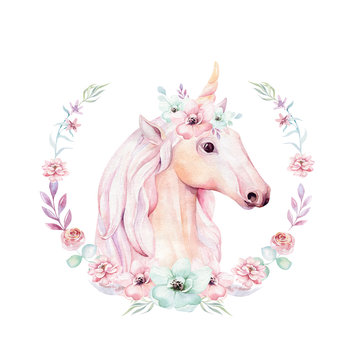 Isolated cute watercolor unicorn clipart with flowers. Nursery unicorns illustration. Princess rainbow poster. Trendy pink cartoon pony horse.