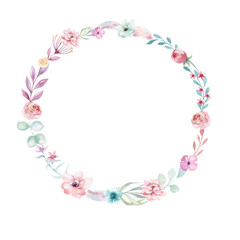 Watercolor boho floral wreath. Bohemian natural frame: leaves, feathers, flowers, Isolated on white background. Artistic decoration illustration. Save the date, weddign design, valentine's day