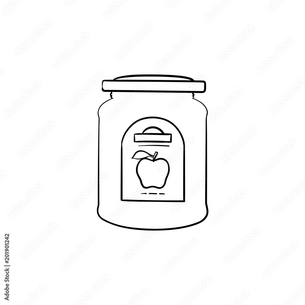 Poster apple jam in a glass jar hand drawn outline doodle icon. closed glass jar of apple jam vector sketch