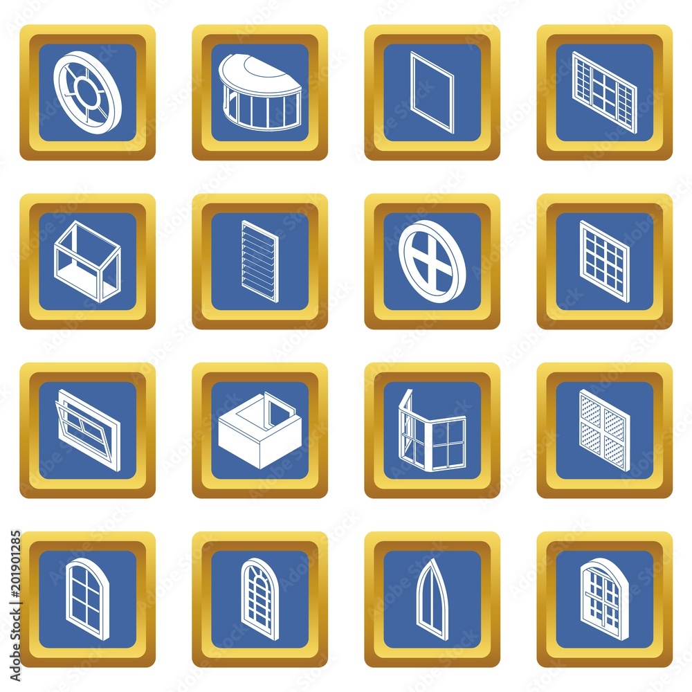 Poster window forms icons set vector blue square isolated on white background