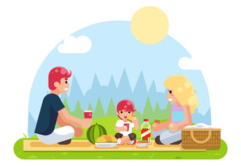 Obraz na płótnie Canvas weekend family vacation on nature food flat design vector illustration