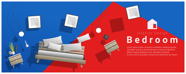 Horizontal interior banner sale with bedroom furniture hovering on colorful background , vector , illustration