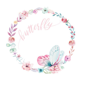 Watercolor boho floral wreath. Bohemian natural frame: leaves, feathers, flowers, Isolated on white background. Artistic decoration illustration. Save the date, weddign design, valentine's day
