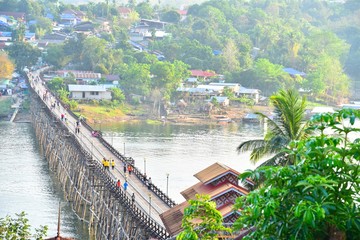 View of Wooden Mon Bridge and the Songaria River in Sangkhlaburi, Thailand