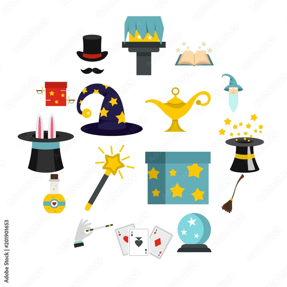 Poster magic icons set in flat style. magic tricks set collection vector illustration