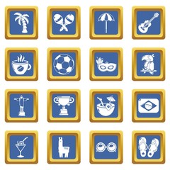Travel Brazil icons set vector blue square isolated on white background 