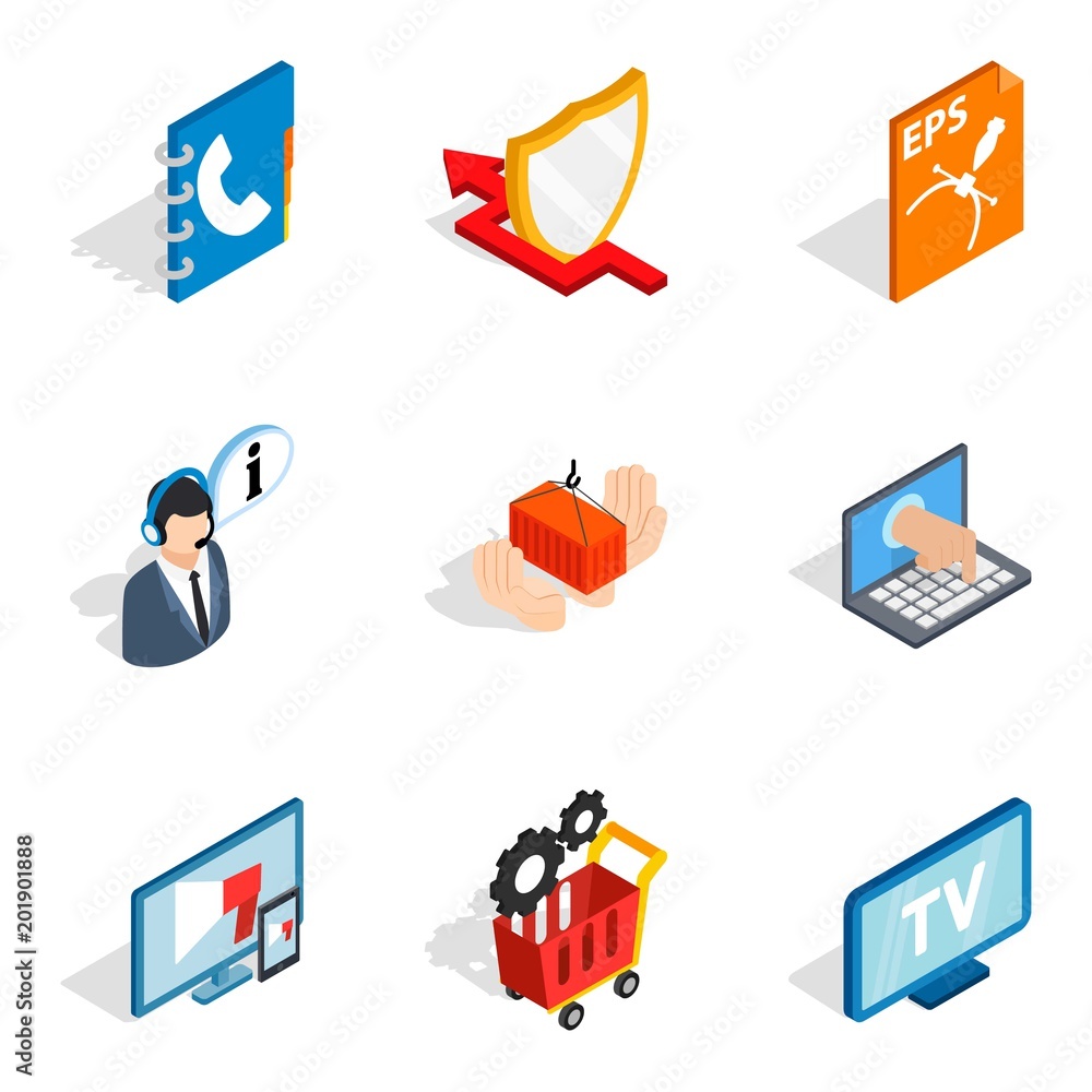 Poster hardware address icons set. isometric set of 9 hardware address vector icons for web isolated on whi