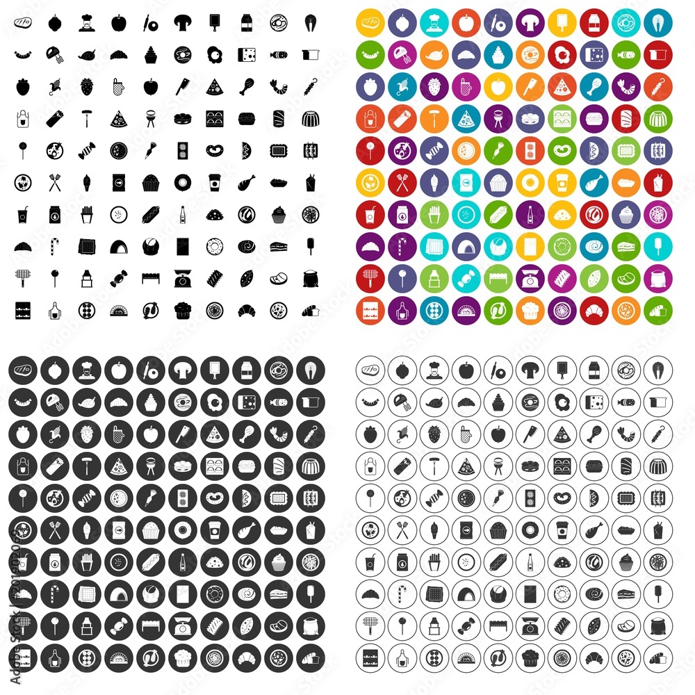 Poster 100 delicious dishes icons set vector in 4 variant for any web design isolated on white