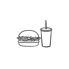 Food and beverage takeaway hand drawn outline doodle icon. Burger and cup of soda beverage vector sketch illustration for print, web, mobile and infographics. Fast food takeaway concept.