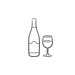 Wine bottle hand drawn outline doodle icon. Vector sketch illustration of bottle and glass of wine for print, web, mobile and infographics isolated on white background.