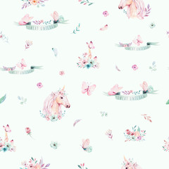 Cute watercolor unicorn seamless pattern with flowers. Nursery magic unicorn patterns. Princess rainbow texture. Trendy pink cartoon pony horse.
