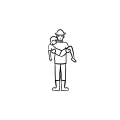Strong fireman rescuing a person hand drawn outline doodle icon. Fireman rescuing a man vector sketch illustration for print, web, mobile and infographics isolated on white background.