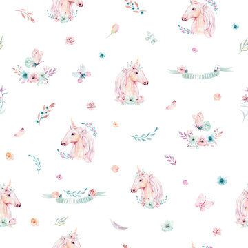 Cute watercolor unicorn seamless pattern with flowers. Nursery magic unicorn patterns. Princess rainbow texture. Trendy pink cartoon pony horse.