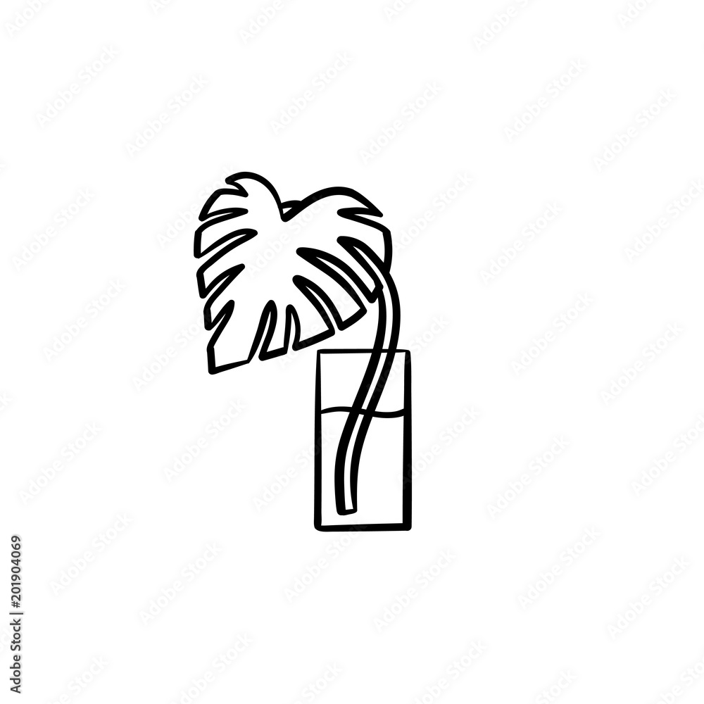 Poster palm sprout in a glass of water hand drawn vector outline doodle icon. palm leaf sketch illustration