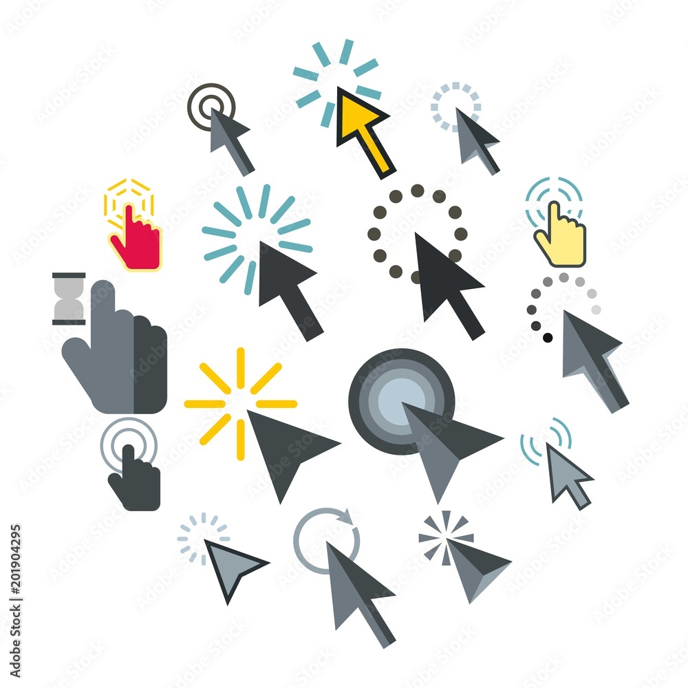 Poster flat mouse pointer icons set. universal mouse pointer icons to use for web and mobile ui, set of bas
