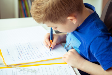Naklejka premium Intelligent boy makes homework in his room