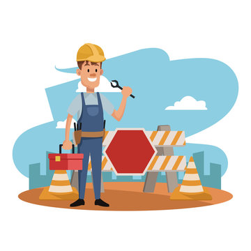 Worker at construction zone vector illustration graphic design