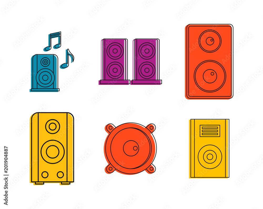 Poster speaker icon set. color outline set of speaker vector icons for web design isolated on white backgro