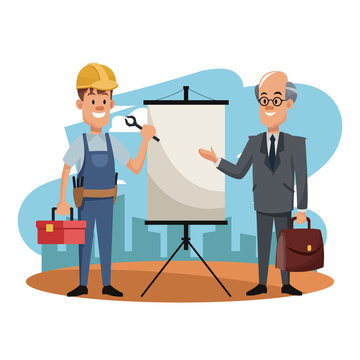 Worker and businessman on construction zone cartoon vector illustration graphic design