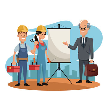 Workers with businessman at construction zone cartoons vector illustration graphic design