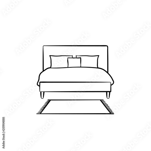 "Bed with pillows hand drawn outline doodle icon. Bedroom furniture for