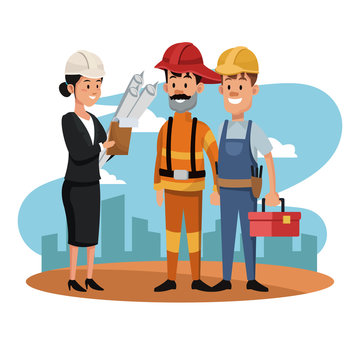 Female architect with firefigther and worker at construction zone vector illustration graphic design