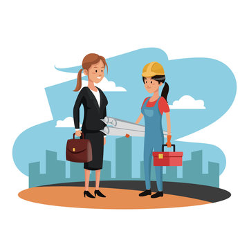 Female worker and architect at construction zone vector illustration graphic design