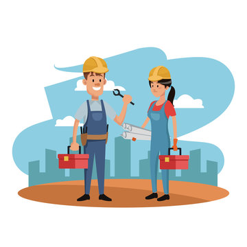 Workers at construction zone with toolbox vector illustration graphic design