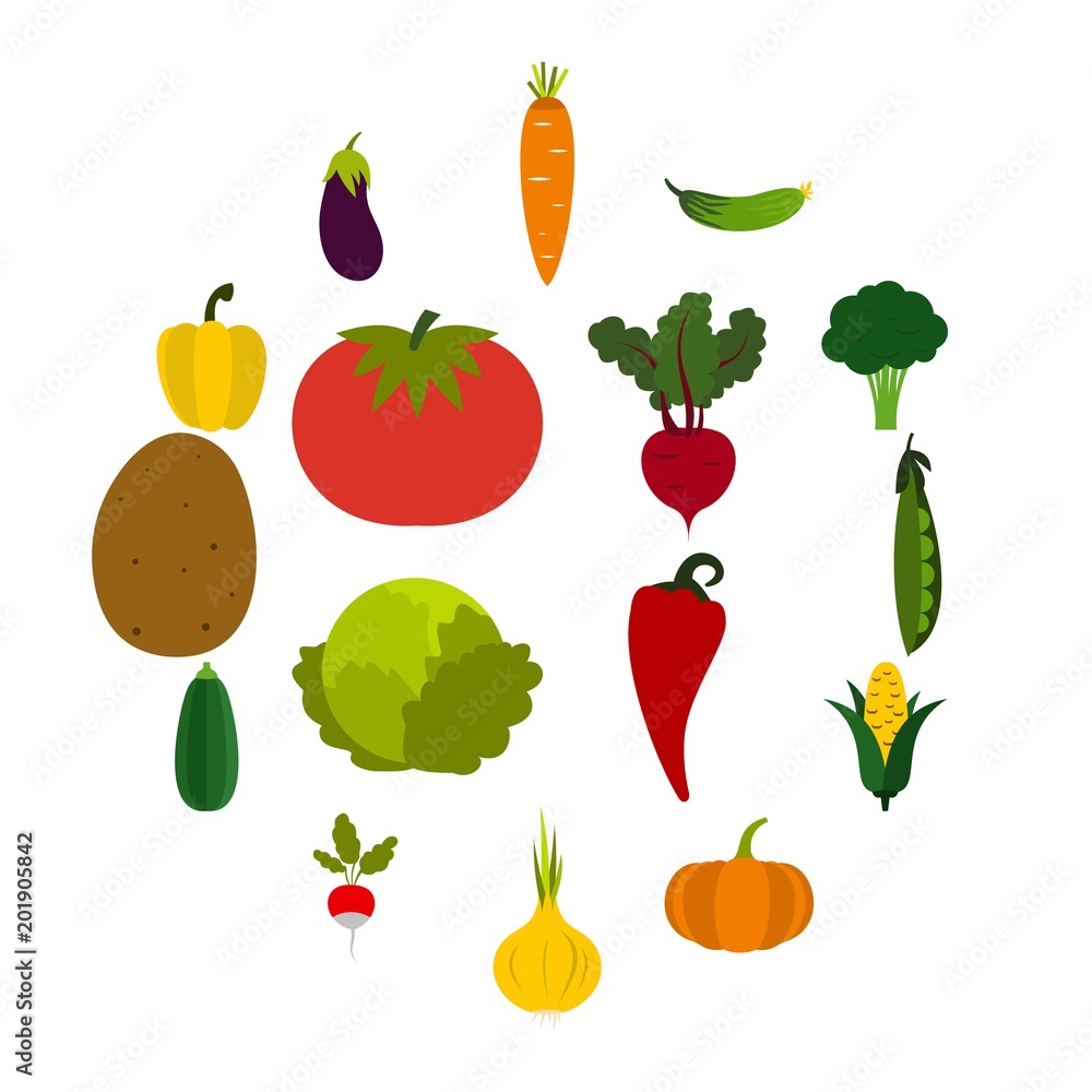 Poster flat vegetables icons set. universal vegetables icons to use for web and mobile ui, set of basic veg