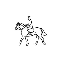 Fototapeta na wymiar Man riding horse with saddle hand drawn outline doodle icon. Horse riding vector sketch illustration for print, web, mobile and infographics isolated on white background.