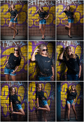 Fototapeta na wymiar beauty girl posing fashion near red brick wall on the street .Young woman with sun glasses against a graffiti wall