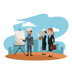 Architect and engineers teamwork at construction zone cartoons vector illustration graphic design