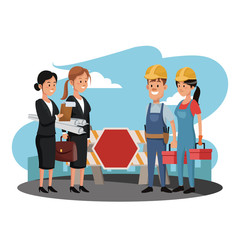 Worker with business teamwork at construction zone vector illustration graphic design