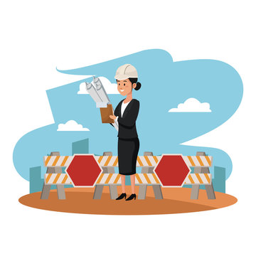 Female architect with documents at construction zone vector illustration graphic design