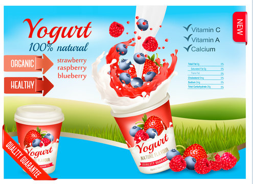 Fruit yogurt with berries advert concept. Yogurt flowing into a plastic cup with fresh blueberry, raspberry and strawberry. Design template. Vector.