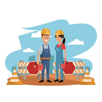 Workers at construction zone with toolbox vector illustration graphic design
