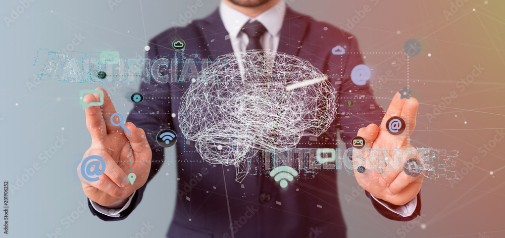 Poster businessman holding a 3d rendering artificial intelligence concept with a brain and app