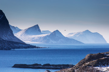 Beautiful landscape with mountains in background at Lofoten Island, Norway