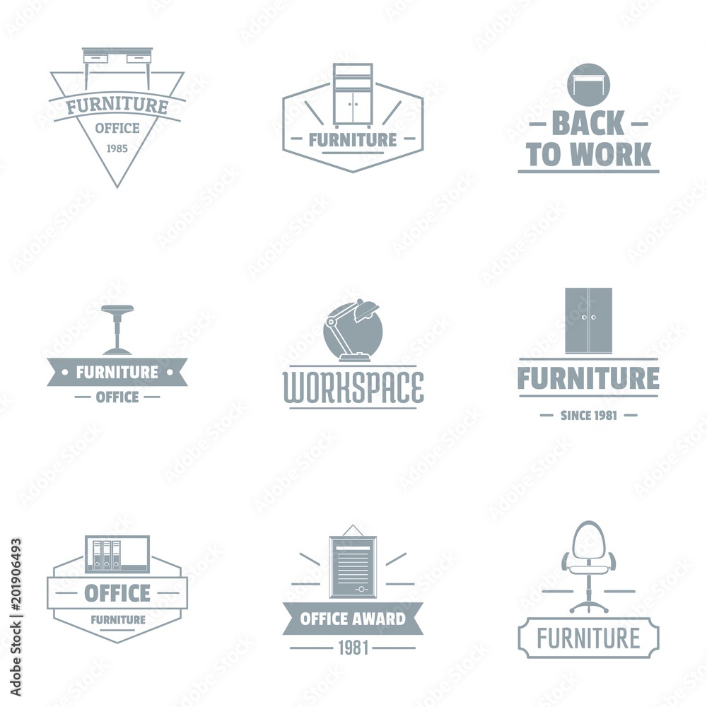 Poster office work logo set. simple set of 9 office work vector logo for web isolated on white background