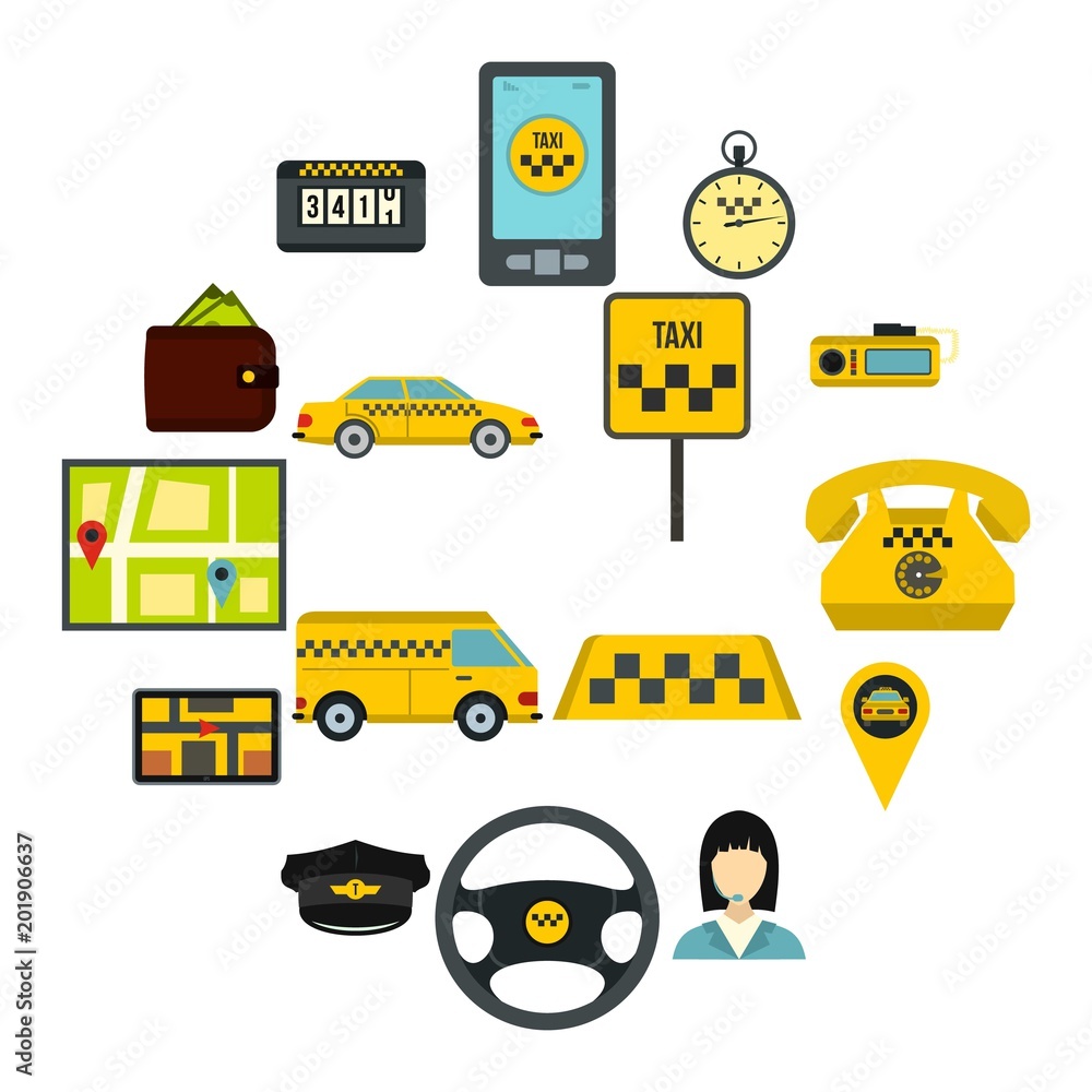 Poster flat taxi icons set. universal taxi icons to use for web and mobile ui, set of basic taxi elements i