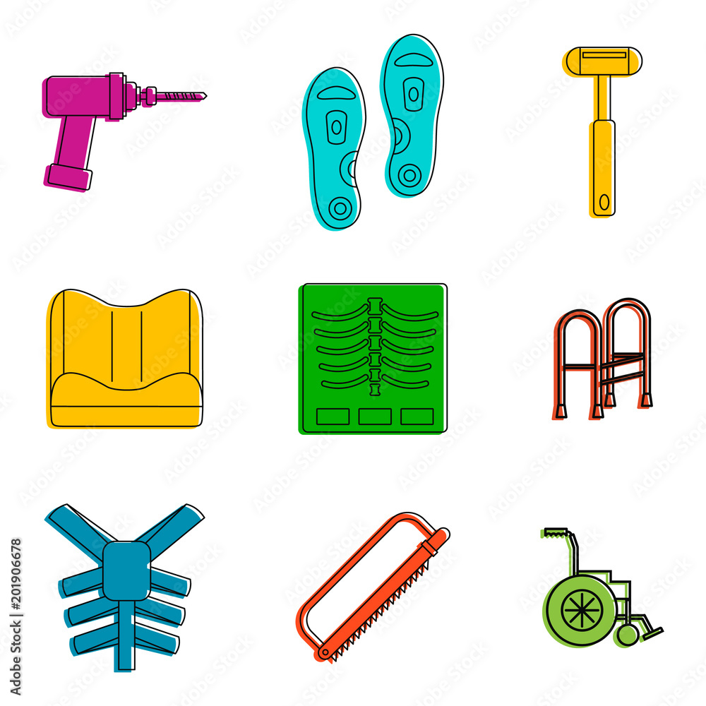 Poster traumatology tool icon set. color outline set of traumatology tool vector icons for web design isola
