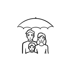 Insurance of family hand drawn outline doodle icon. Umbrella over family vector sketch illustration for print, web, mobile and infographics isolated on white background.