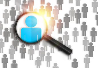 Searching for the best job candidate and people finder concept looking for the right person to stand out from the crowd.  Top pick and best choice for fitting the skillset that HR is looking for.