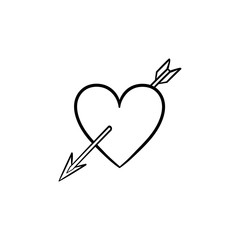 Love heart with cupid arrow hand drawn outline doodle icon. Valentine heart pierced by cupid arrow vector sketch illustration for print, web, mobile and infographics isolated on white background.